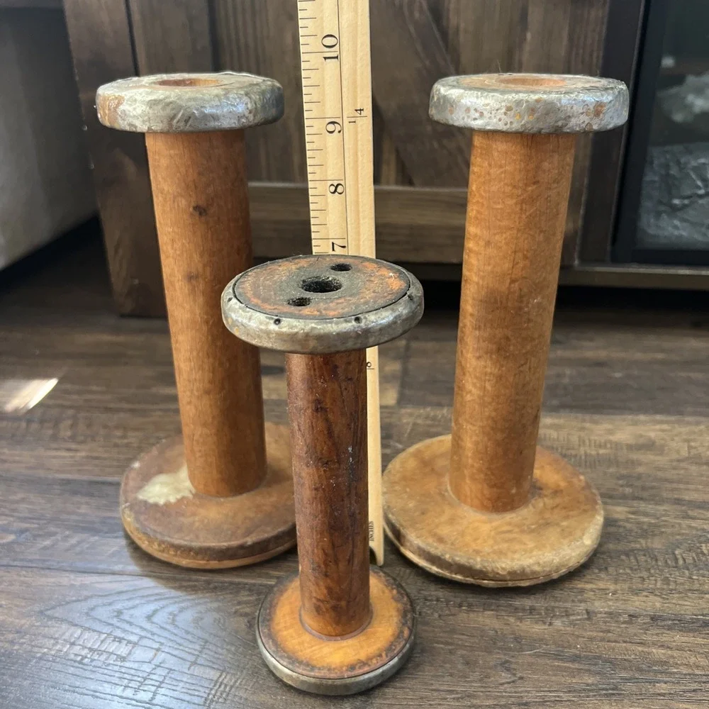 3-Vtg Wood Spool Candle Sticks Metal Accents Rustic Primitive Farmhouse Salvaged